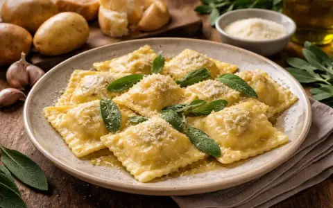 Un piatto di tortelli del Mugello, ripieni e conditi con burro, salvia e parmigiano. Sullo sfondo patate, aglio e ingredienti per la preparazione.
