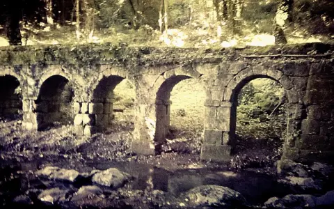 Antica struttura in pietra con archi, forse un acquedotto o un ponte, immersa nel verde. La **vitozza Sorano** sembra un luogo dimenticato dal tempo.
