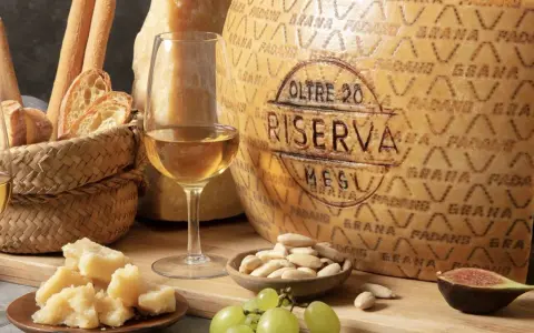 Momento di degustazione grana padano: formaggio stagionato, pane, uva, fichi e vino bianco.