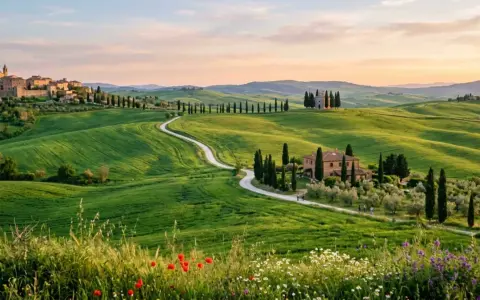 Dolci colline verdi in **Val d'Orcia primavera**, con un casale, cipressi e un borgo all'orizzonte.