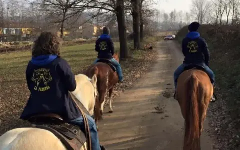 Cavalcata autunnale nei maneggi Piemonte, tre persone a cavallo su un sentiero sterrato tra alberi spogli e campi.