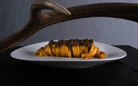Un piatto di pasta fresca con ragù di cinghiale, un'autentica esperienza di mangiare toscano, con un palco di cervo sullo sfondo.
