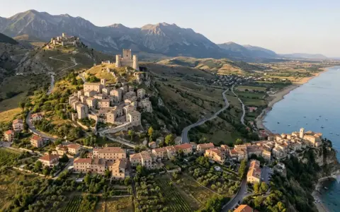 Borghi arroccati sui monti dell'Abruzzo, con castelli medievali e vista sul mare Adriatico.