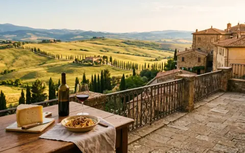 Un pasto delizioso con pasta, formaggio e vino rosso, perfetto per mangiare a Pienza, con vista sulle colline toscane.