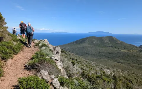Persone in cammino su sentiero panoramico, godendosi le camminate organizzate in Toscana con vista sul mare e isole.