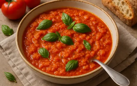 Pappa al pomodoro toscana, una zuppa densa e saporita, guarnita con basilico fresco. Perfetta con pane tostato.