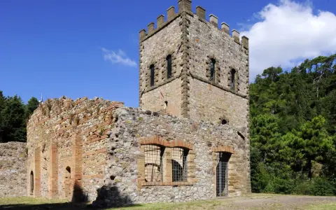 Rovine di un castello con torre merlata, un esempio di cosa vedere a Montecatini Val di Cecina, immerso nel verde.