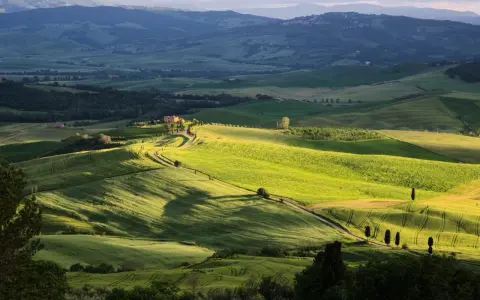 Dolci colline verdi del Val d'Orcia, con una strada tortuosa che porta a una casa colonica. Un paesaggio da sogno da esplorare.