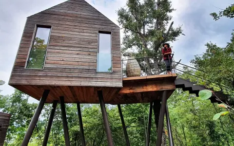 Un'esperienza unica per dormire nella natura toscana: una casa sull'albero in legno, con una persona che ammira il paesaggio dalla terrazza.
