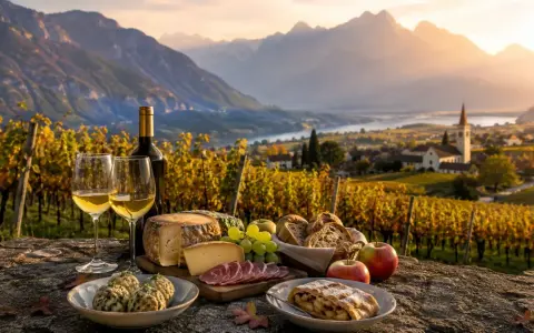 Un brindisi ai viaggi enogastronomici in Italia: vino, formaggi, pane e strudel con vista su vigneti e montagne al tramonto.
