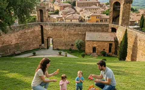 Famiglia gioca sull'erba con vista su Montalcino, borgo medievale con mura antiche e case in pietra.