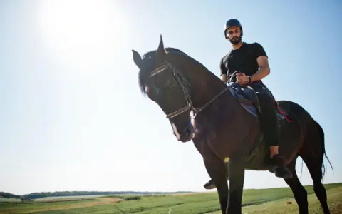 Uomo con casco e barba cavalca un cavallo scuro in un paesaggio verdeggiante. Un'esperienza di **Toscana a cavallo**.