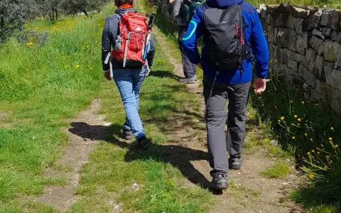 Persone con zaini fanno trekking in Toscana, vicino a Firenze, su un sentiero fiorito.