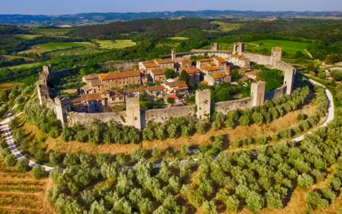 Borghi medievali vicino Firenze, un gioiello fortificato tra ulivi e vigneti, con torri e mura che raccontano storie antiche.