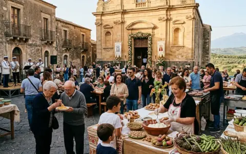 Festa di paese con musica e bancarelle di cibo, un'atmosfera vivace che ricorda le sagre autunnali.