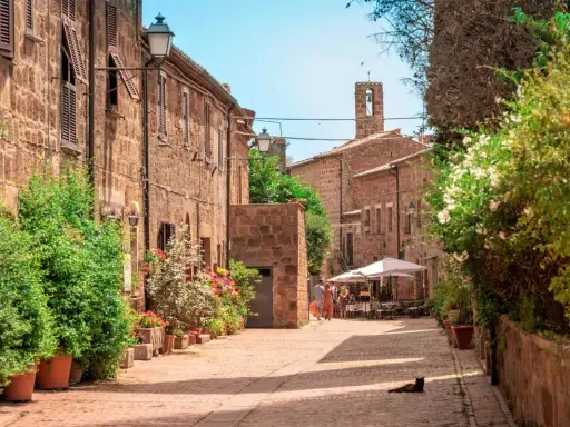 Un borgo medievale con case in pietra, fiori colorati e un gatto nero che riposa al sole. Un'idea per scoprire i paesi vicino a Grosseto da visitare.