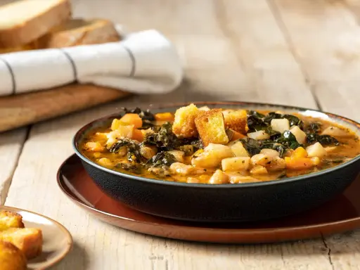 Una ciotola fumante di zuppa di cavolo nero e fagioli cannellini, guarnita con crostini dorati, su un tavolo di legno rustico.