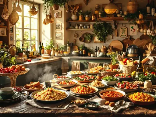 Un banchetto per una vacanza enogastronomica: tavola imbandita con pasta, insalate, pane e vino in una cucina rustica e soleggiata.