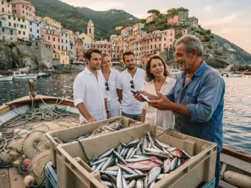 Un pescatore mostra il suo pescato a turisti in barca, un'esperienza di pescaturismo con le case colorate di Riomaggiore sullo sfondo.