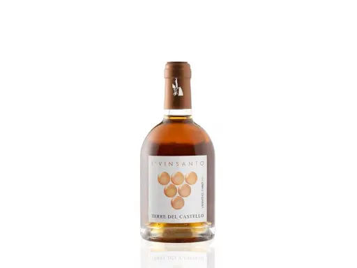 Bottiglia di vinsanto toscano Terre del Castello, un nettare dorato pronto per essere gustato.