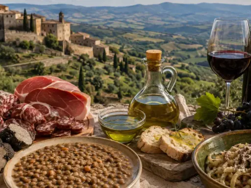 Sapori umbri: salumi, tartufi, lenticchie e vino, perfetti per un tour enogastronomico in Umbria con vista panoramica.