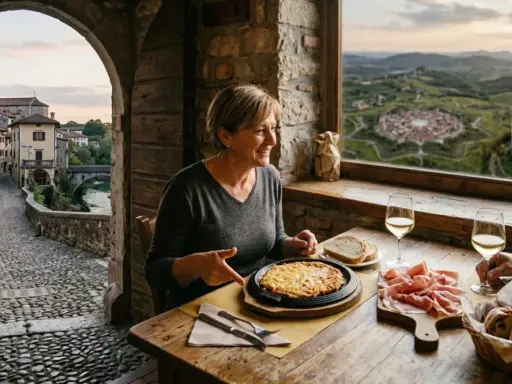 Coppia assapora la gastronomia Friuli Venezia Giulia in un borgo storico, con vista su un castello e colline.