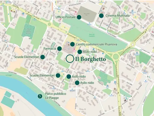Il Borghetto si trova vicino al parco pubblico Le Piagge, alle scuole elementari e al centro commerciale Pisanova.