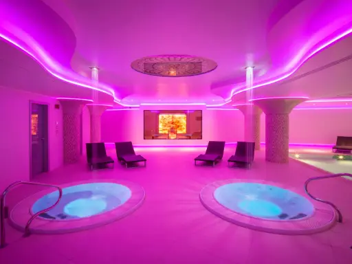 Jacuzzi luminosi e lettini relax in un'oasi di benessere. Un'esperienza da sogno per una spa per bambini in Umbria.