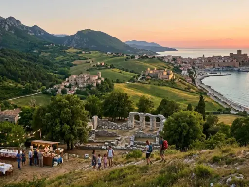 Panoramica mozzafiato dei piccoli paesi del Molise, con rovine antiche, un banchetto all'aperto e una coppia che ammira il tramonto sul mare.