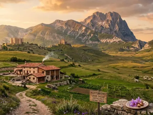 Agriturismi in Abruzzo montagna: un borgo con castelli domina la valle verdeggiante, con un casale fumante e un gregge al pascolo sotto il Gran Sasso.