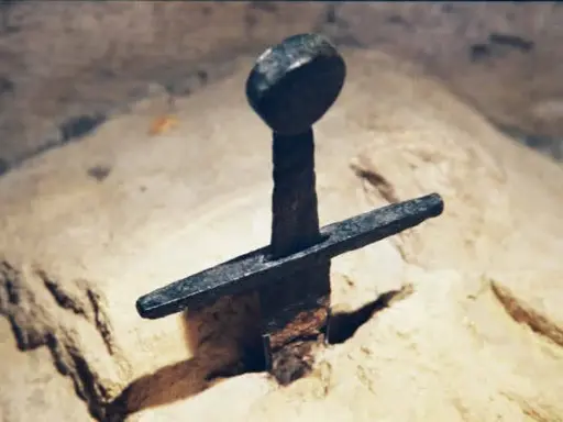 La leggendaria spada nella roccia, simbolo di un antico re.
