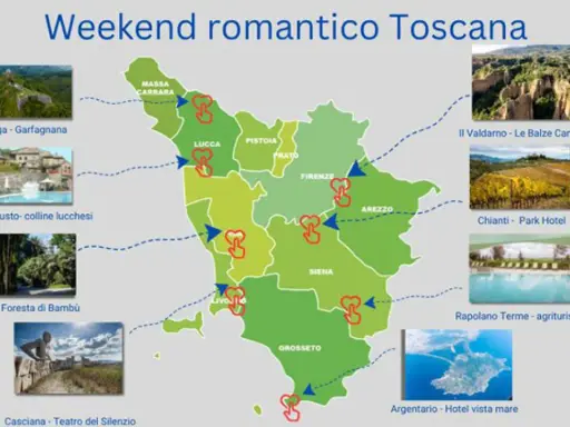 Mappa dei borghi vicino Siena e altre mete romantiche in Toscana, con immagini di castelli, canyon, vigneti e agriturismi.