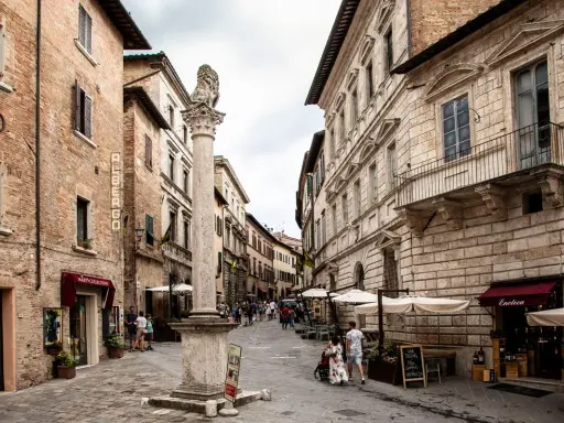 Un vicolo pittoresco tra i borghi vicino Montepulciano, con edifici storici, un leone scolpito su una colonna e tavolini all'aperto.