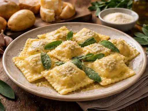 Un piatto di tortelli del Mugello, ripieni e conditi con burro, salvia e parmigiano. Sullo sfondo patate, aglio e ingredienti per la preparazione.