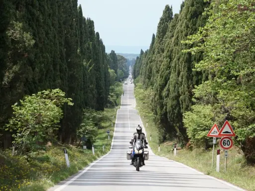 Un motociclista percorre un viale cipressi toscana, immerso nel verde e con il mare all'orizzonte.