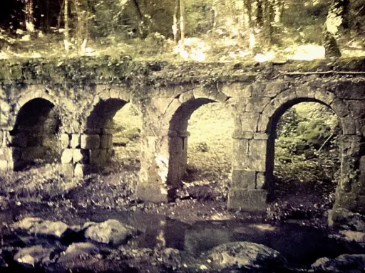 Antica struttura in pietra con archi, forse un acquedotto o un ponte, immersa nel verde. La **vitozza Sorano** sembra un luogo dimenticato dal tempo.