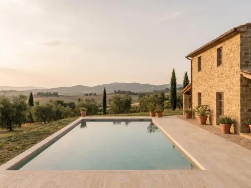Piscina con vista sulle dolci colline pisane al tramonto. Una casa in pietra e ulivi completano il paesaggio idilliaco.