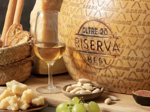 Momento di degustazione grana padano: formaggio stagionato, pane, uva, fichi e vino bianco.