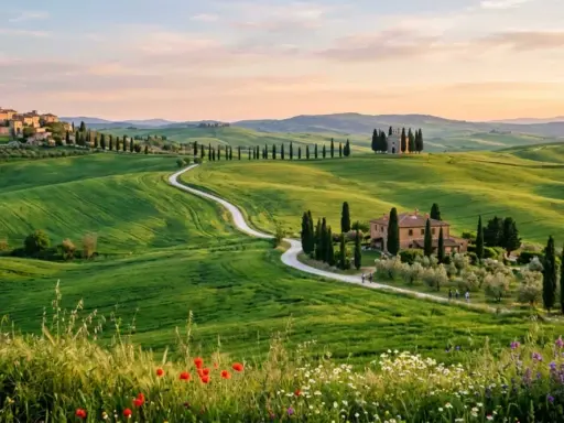 Dolci colline verdi in **Val d'Orcia primavera**, con un casale, cipressi e un borgo all'orizzonte.