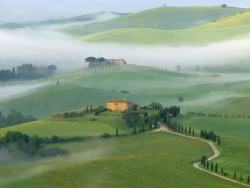 Dolci colline verdi avvolte dalla nebbia mattutina nel Val di Norcia, con casali in pietra e filari di cipressi.