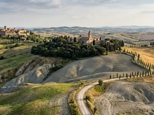 Dolci colline senesi con un borgo medievale e un'abbazia, attraversate da una strada sinuosa fiancheggiata da cipressi.