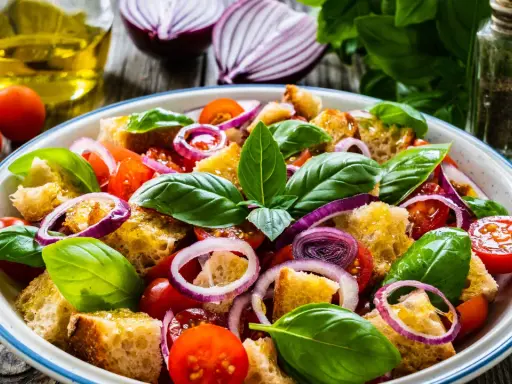 Panzanella ricetta: un'insalata estiva con pane raffermo, pomodorini, cipolla rossa e basilico fresco, condita con olio d'oliva.