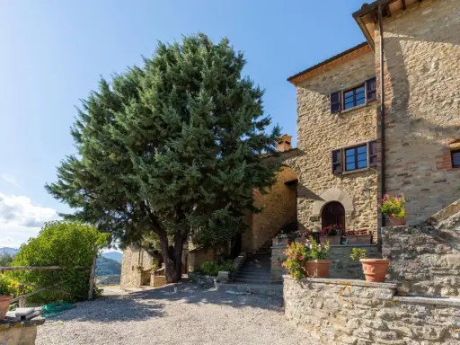 Un casale in pietra con un grande cipresso, tipico degli agriturismi del centro Italia, circondato da fiori in vaso e con un panorama collinare.