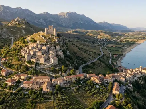 Borghi arroccati sui monti dell'Abruzzo, con castelli medievali e vista sul mare Adriatico.