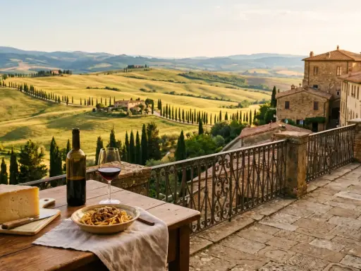 Un pasto delizioso con pasta, formaggio e vino rosso, perfetto per mangiare a Pienza, con vista sulle colline toscane.