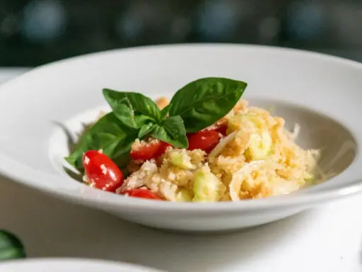 Panzanella, un classico dei piatti tipici toscani estivi, con pomodorini, cetrioli e basilico fresco.