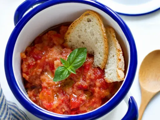 Pappa al pomodoro, un piatto che racconta la sua origine toscana. Servita in ciotola con pane raffermo, pomodoro e basilico fresco.