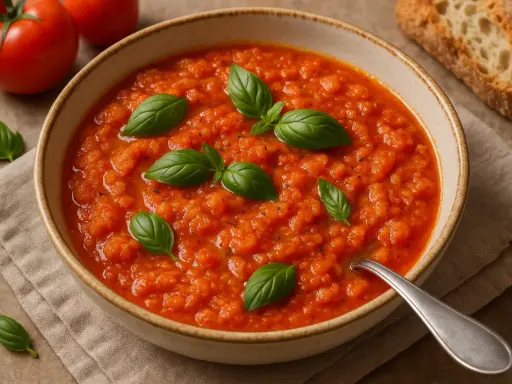 Pappa al pomodoro toscana, una zuppa densa e saporita, guarnita con basilico fresco. Perfetta con pane tostato.
