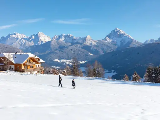 Un agriturismo con un gallo rosso sul tetto, immerso in un paesaggio innevato con montagne maestose.