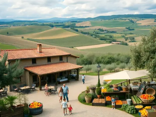 Un incantevole scorcio di un viaggio in Toscana: una casa colonica con tetto in cotto, circondata da dolci colline verdi e un mercato di prodotti freschi.